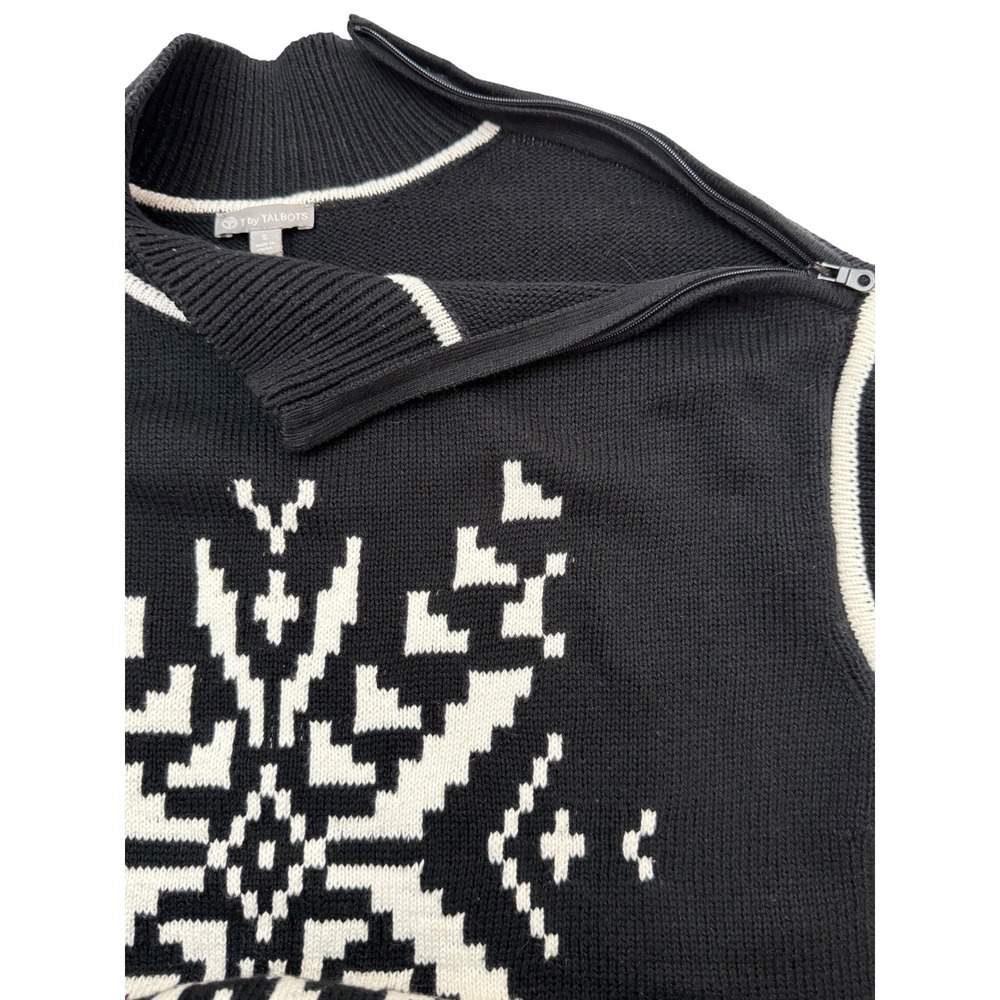 T by Talbots Womens Black Snowflake Fair Isle Mock Neck Zip Sweater Size S - Picture 5 of 14